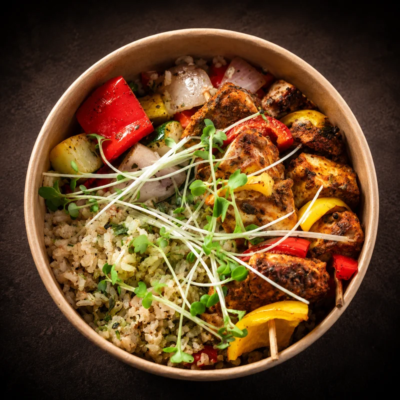 Cottage Cheese Skewers Rice Bowl